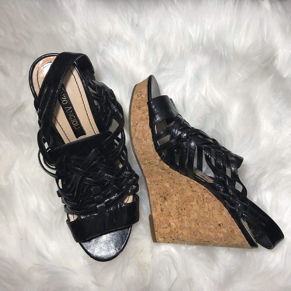 Enzo Angiolino wedge sandals black leather size 7